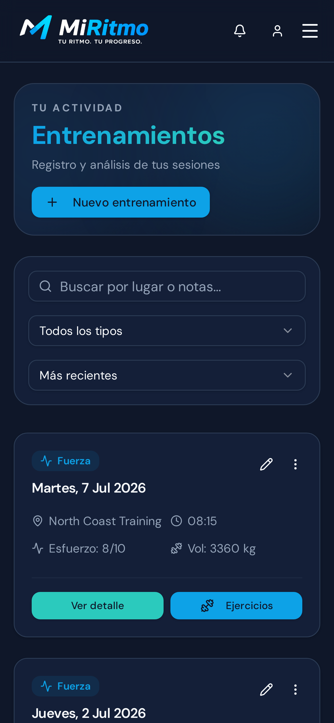 Entrenamientos en móvil