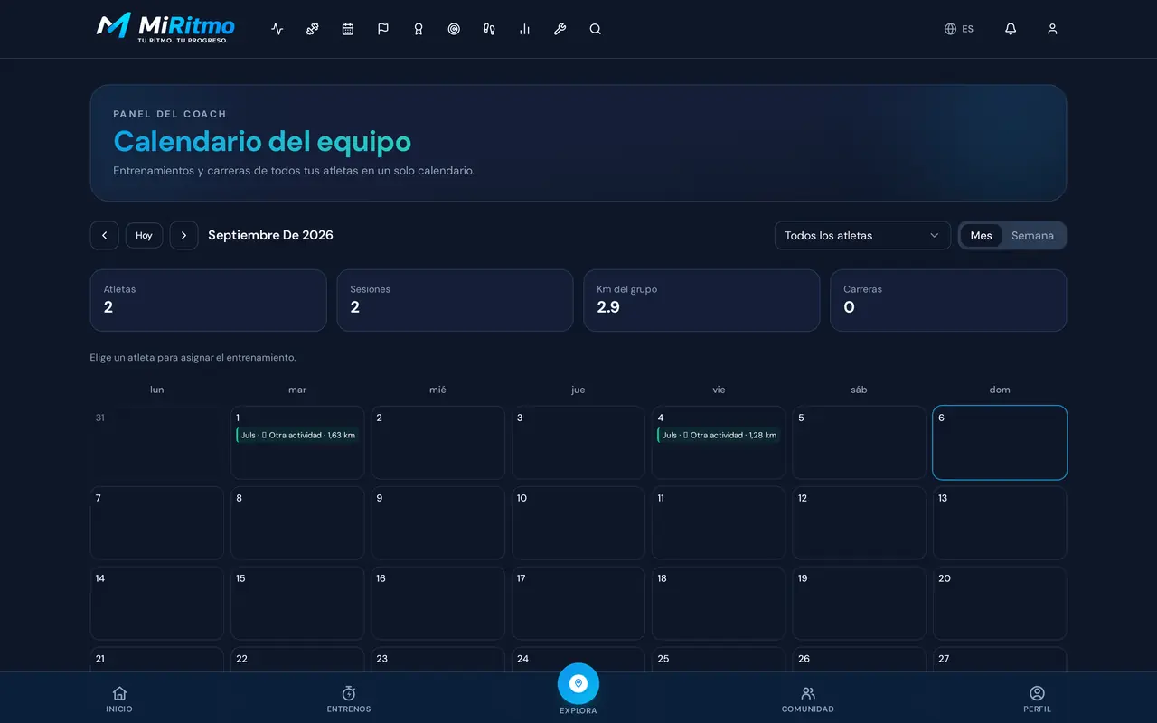 Calendario del equipo en el panel del entrenador