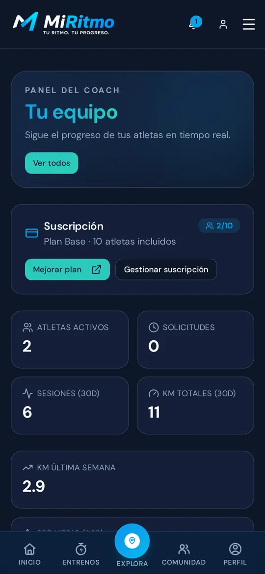 Panel del entrenador en el móvil