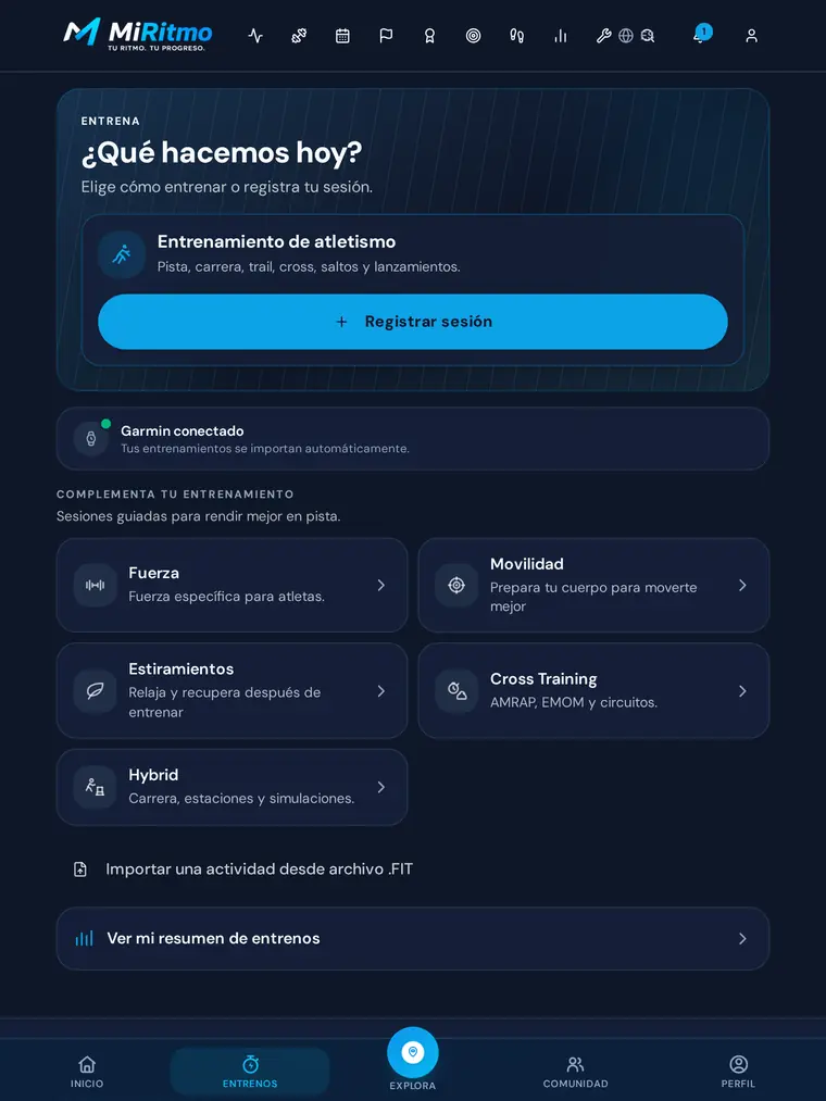 Página Entrena en la tablet