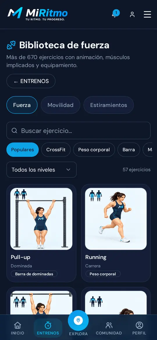 Biblioteca de ejercicios de fuerza en el móvil