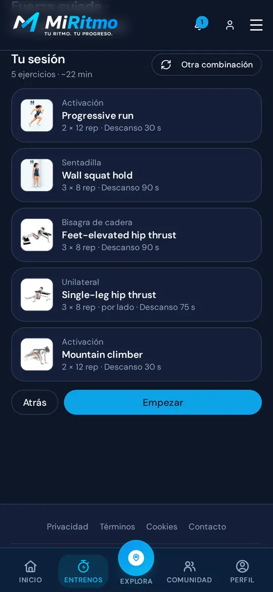 Sesión de fuerza propuesta en el móvil