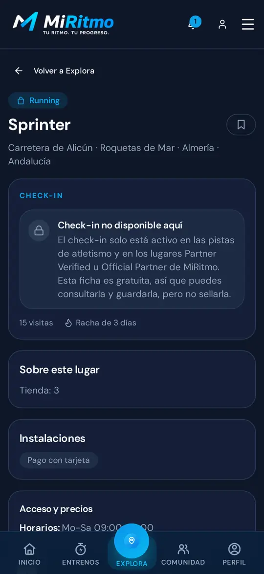 Ficha de un lugar de Explora con check-in