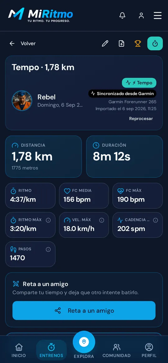 Detalle de un entrenamiento en el móvil